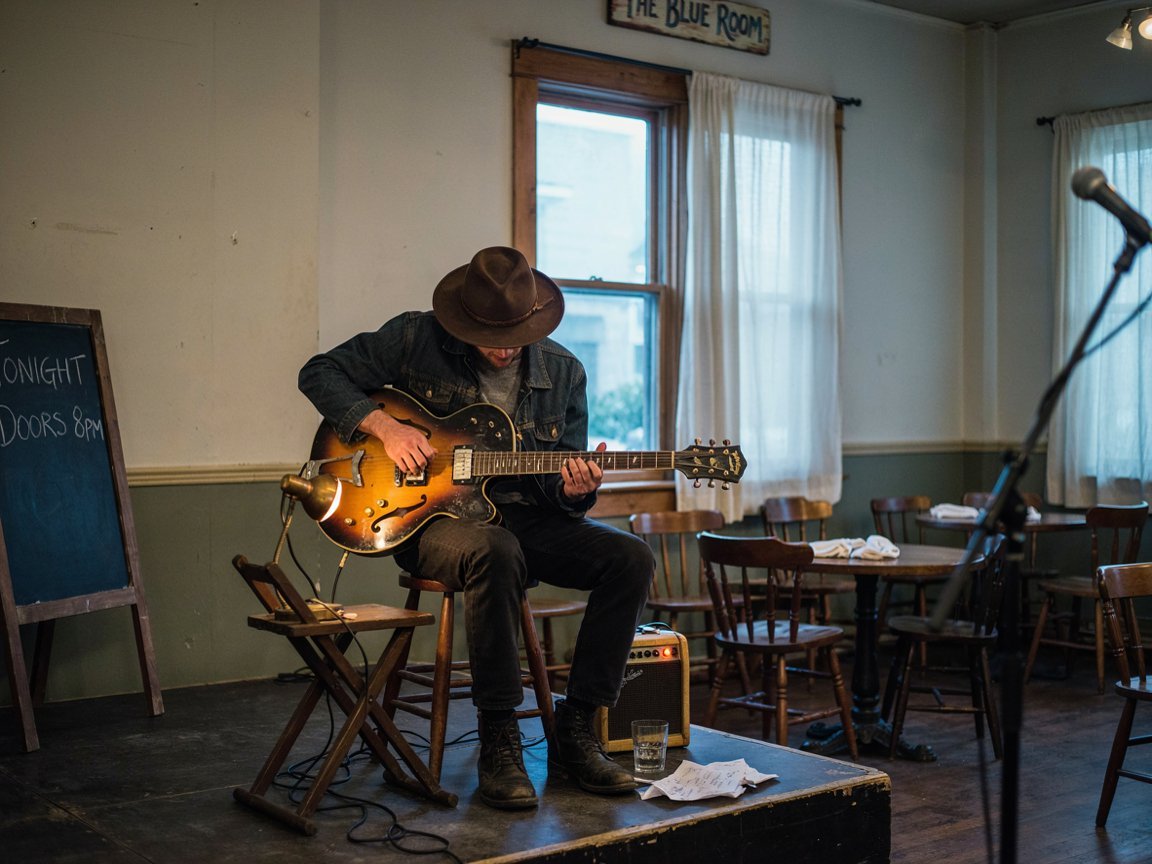 A blues duo performing on a small club stage